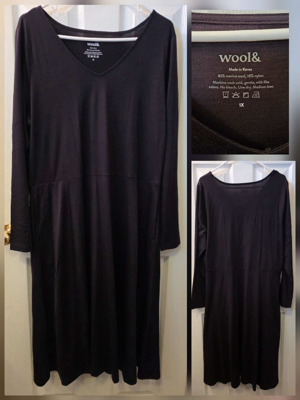 Wool& Talia Black V-Neck Long Sleeve Merino Wool Dress 1X Discontinued Style NEW - Picture 2 of 4
